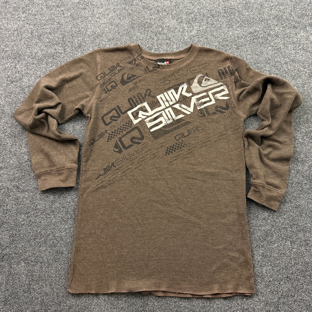 Quiksilver Thermal Shirt Youth XL Brown Graphic Waffle Knit Vtg Y2K Skate Grunge